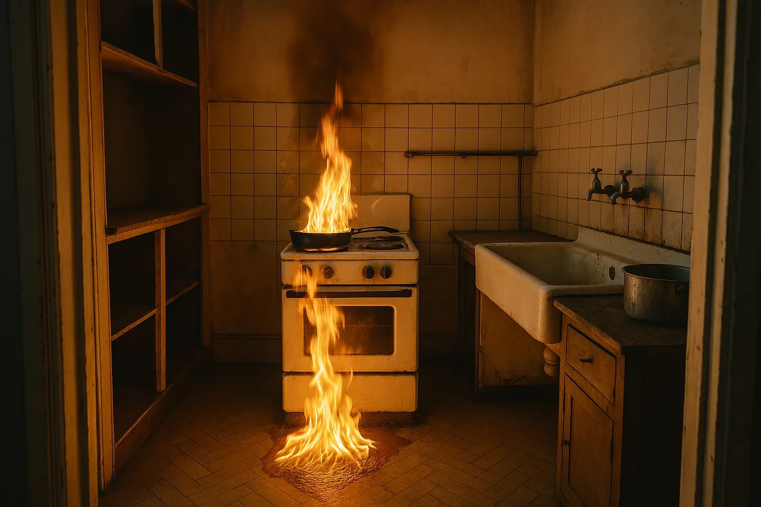 Pan on fire on a stove in an old kitchen, with flames rising high, representing a cooking mishap.