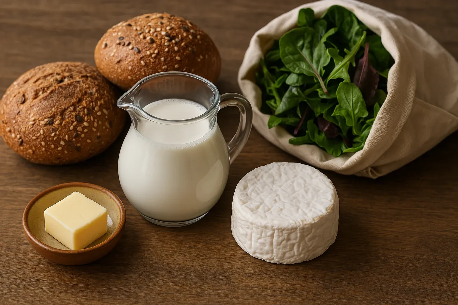 Whole grain buns, a jug of milk, a pat of butter, a wheel of cheese, and a bag of fresh spinach leaves on a wooden table.