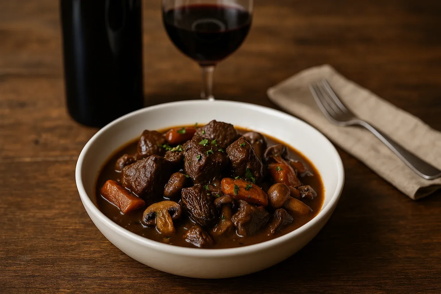 Hearty beef stew with carrots and mushrooms served in a white bowl, accompanied by a glass of red wine on a wooden table.