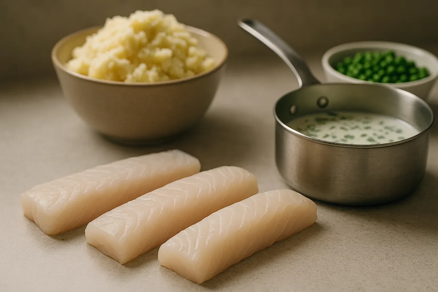 Three raw fish fillets with mashed potatoes, peas, and a saucepan of creamy sauce with chives on a beige countertop.