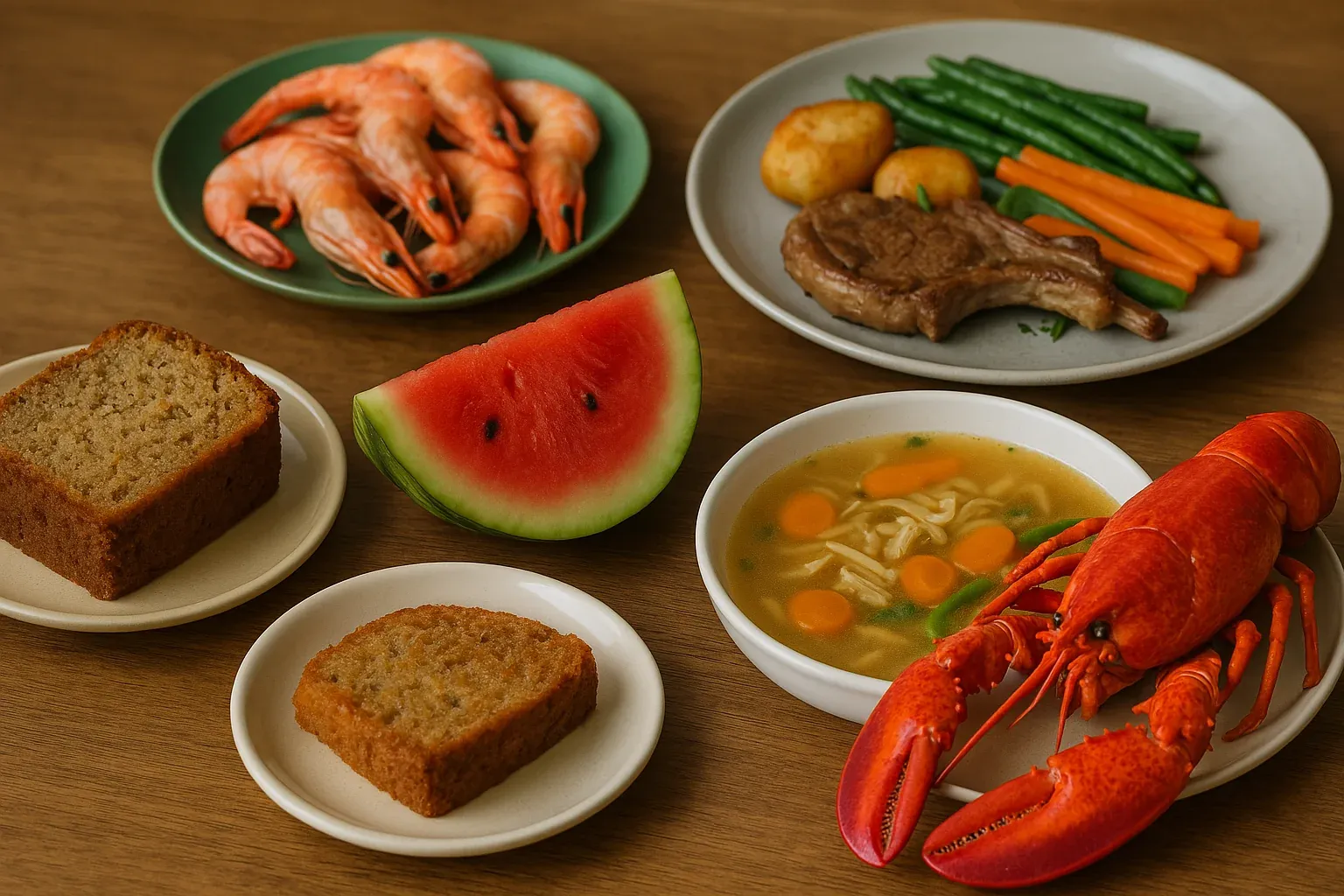 Assorted dishes: boiled shrimp, steak with vegetables, noodle soup with lobster, watermelon slice, and banana bread slices.