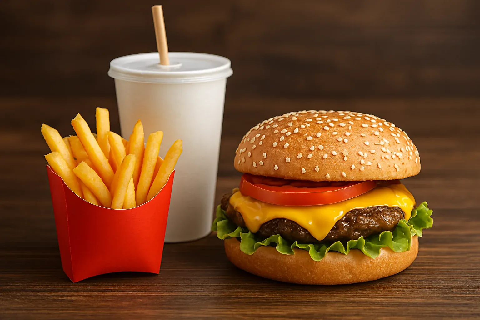 Cheeseburger with lettuce, tomato, and fries in a red container, accompanied by a white cup with a straw, on a wooden table.