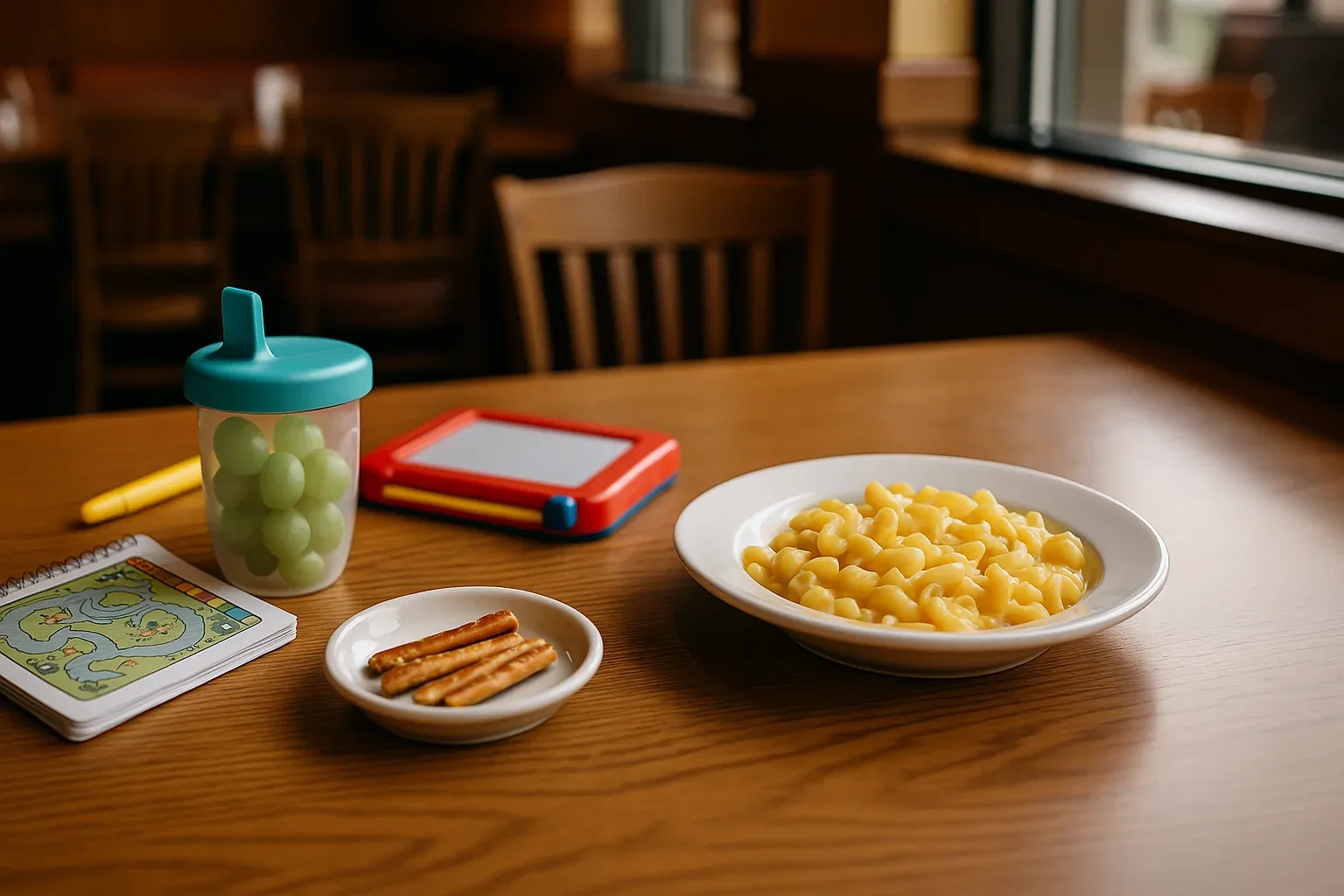 Kid's meal with mac and cheese, pretzel sticks, and a cup of grapes on a wooden table with activity book and drawing pad.