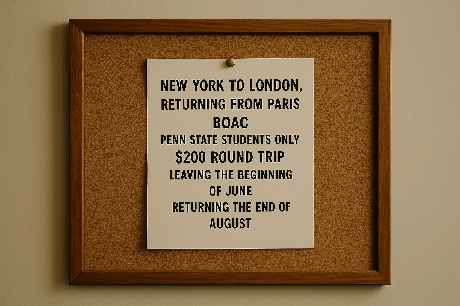 Penn State student travel flyer: New York to London, Paris return, $200 round trip, early June departure, late August return.