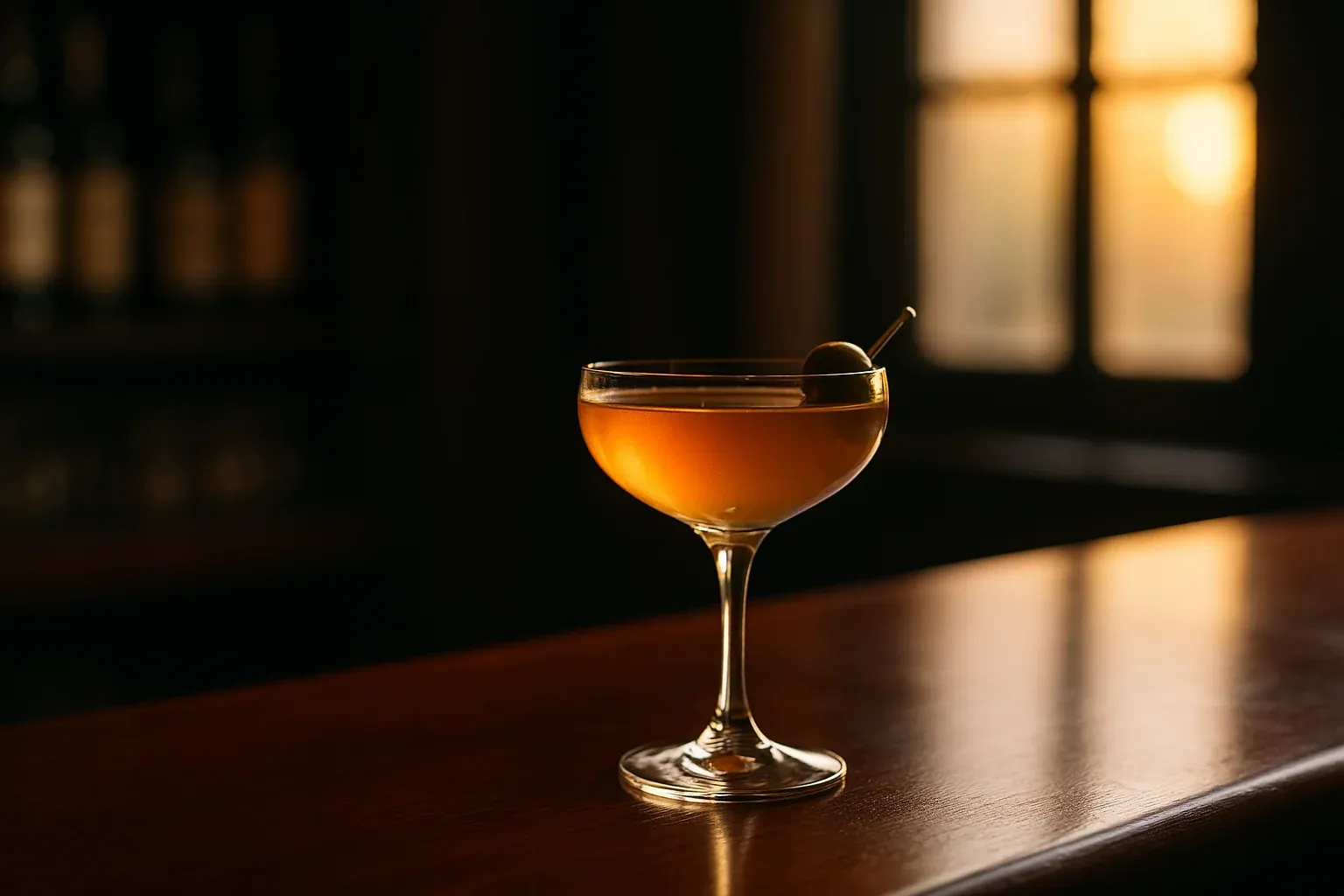 Elegant cocktail in a coupe glass with an olive garnish, set on a wooden bar with warm, ambient lighting in the background.