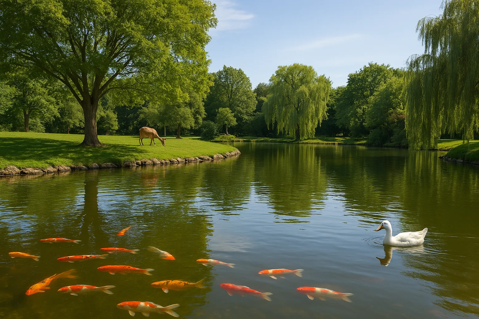 Peaceful park scene with koi fish, swan swimming in pond, deer grazing near tree, lush greenery and willow trees in background.