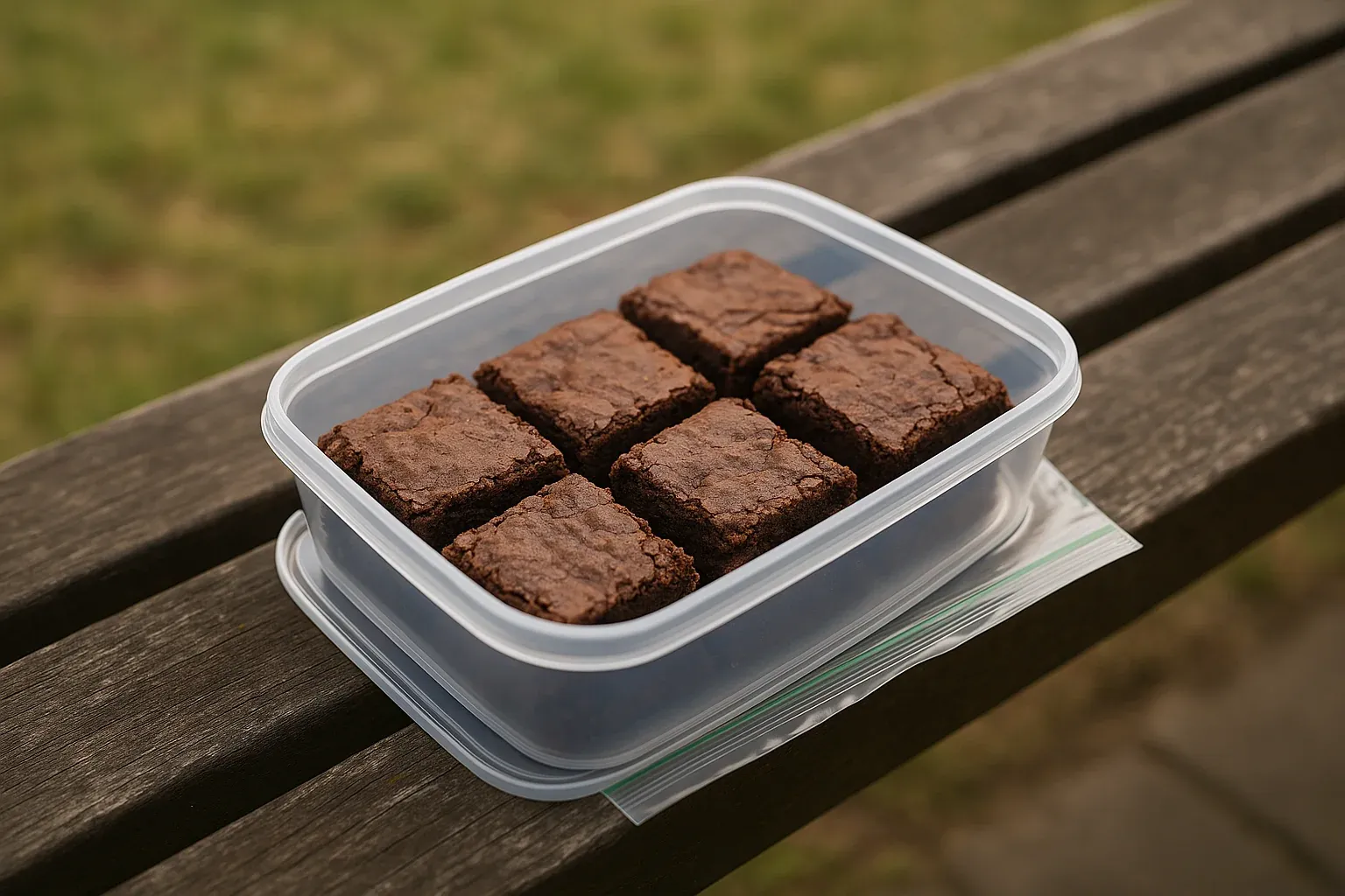 Six freshly baked chocolate brownies stored in a clear plastic container on a wooden bench outdoors.