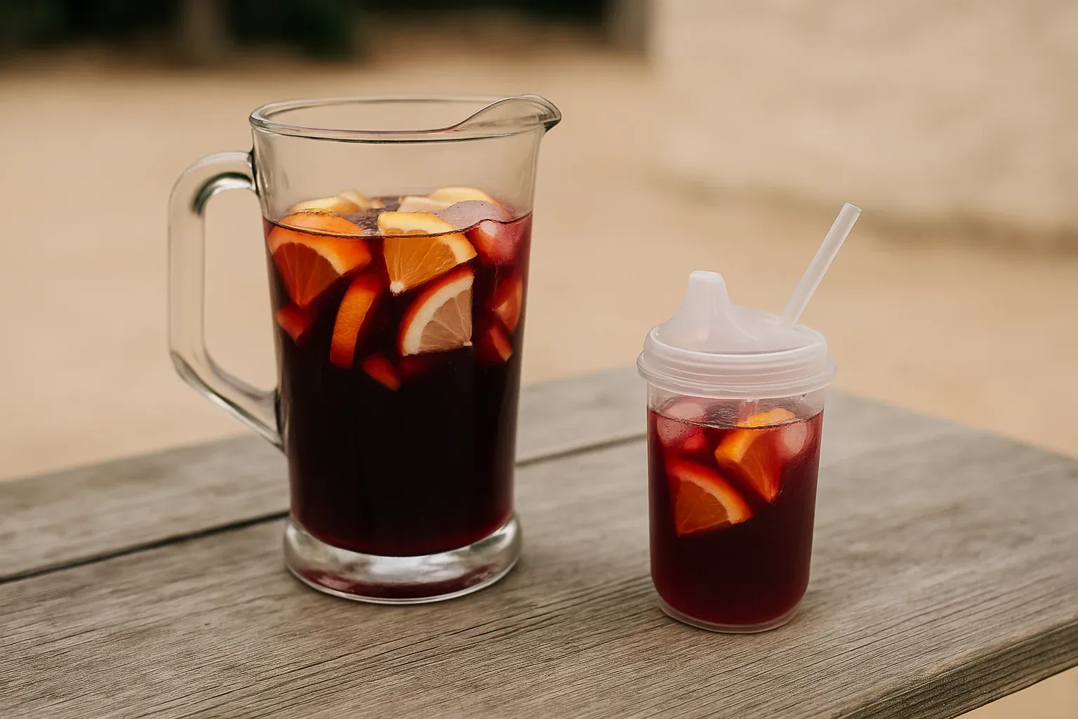 Pitcher and cup with sangria, featuring sliced oranges and ice cubes, on a wooden table.