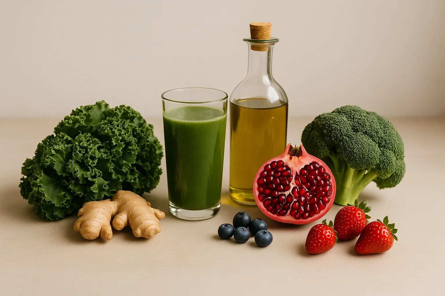 Fresh ingredients including kale, ginger, green smoothie, olive oil, pomegranate, broccoli, blueberries, and strawberries on a neutral background.