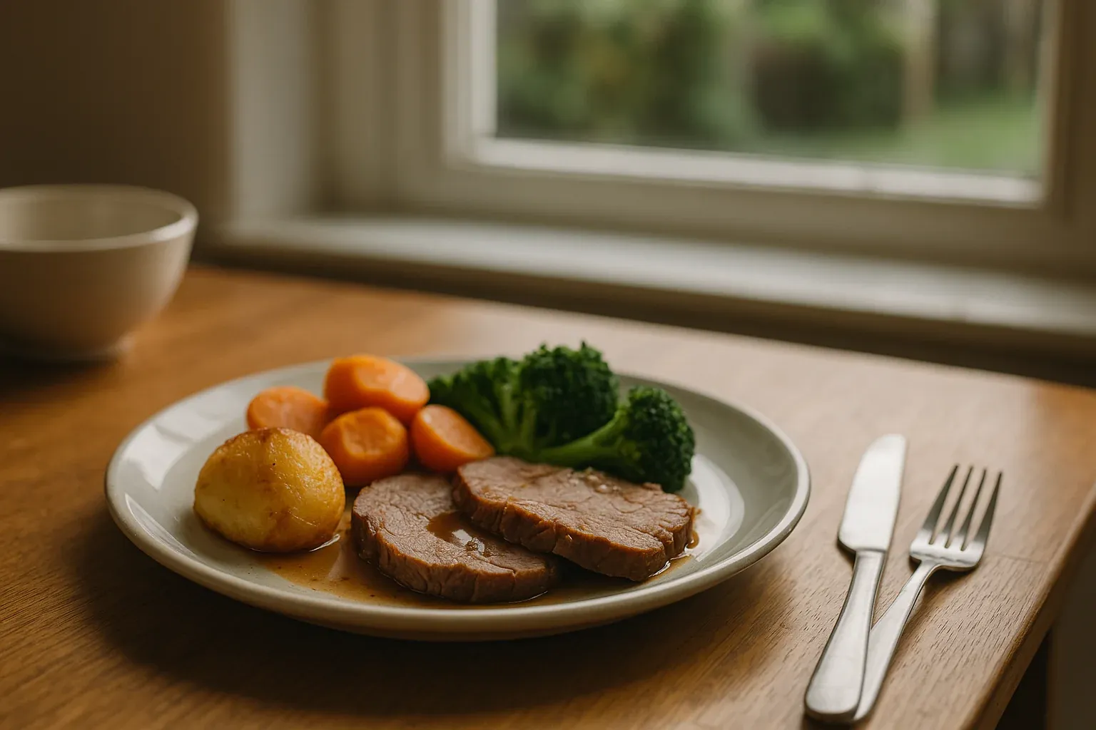 Roast beef slices with gravy, roasted potato, carrot slices, and broccoli on a white plate.