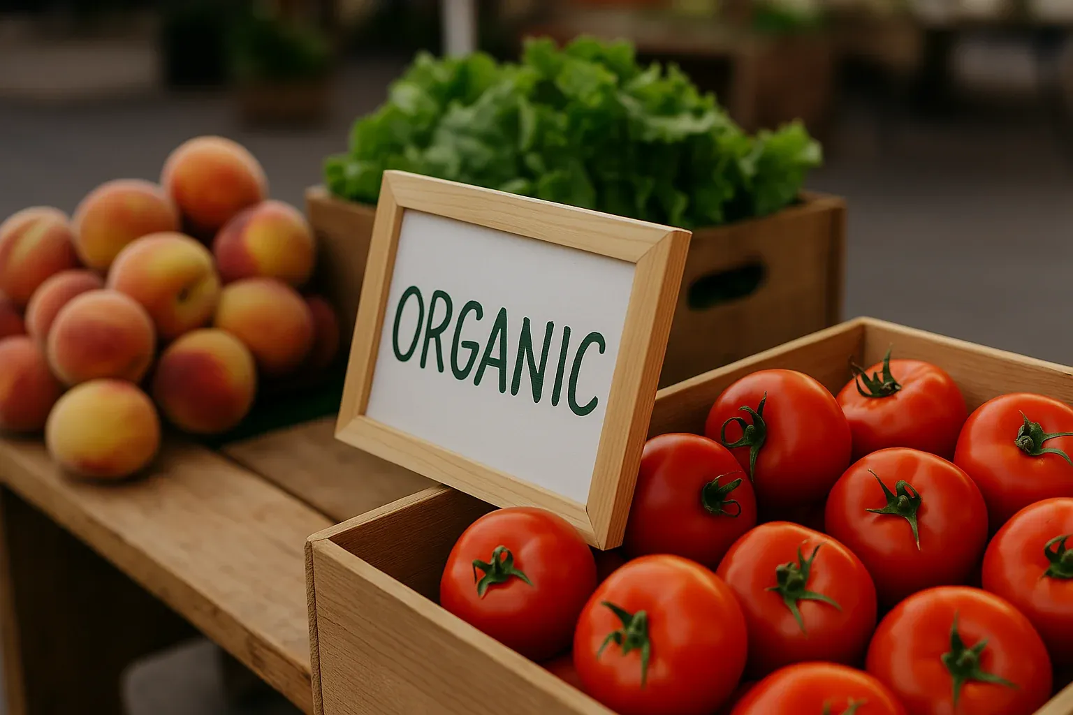 Fresh organic tomatoes and peaches displayed on a wooden table, perfect for healthy recipes.
