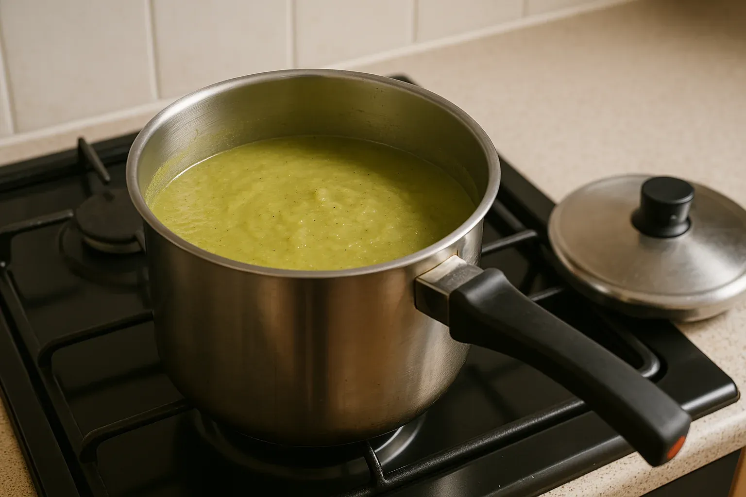 Green vegetable soup simmering in a stainless steel pot on a gas stove in a kitchen.