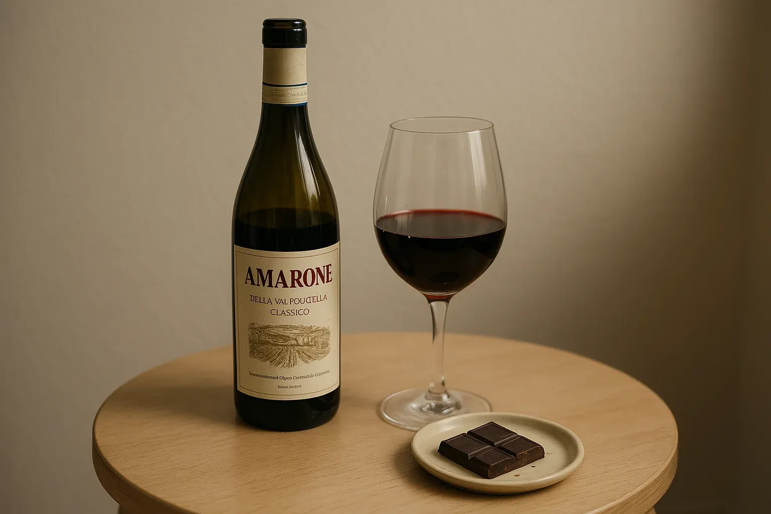 Amarone wine bottle with a glass of red wine and a plate of dark chocolate on a wooden table.