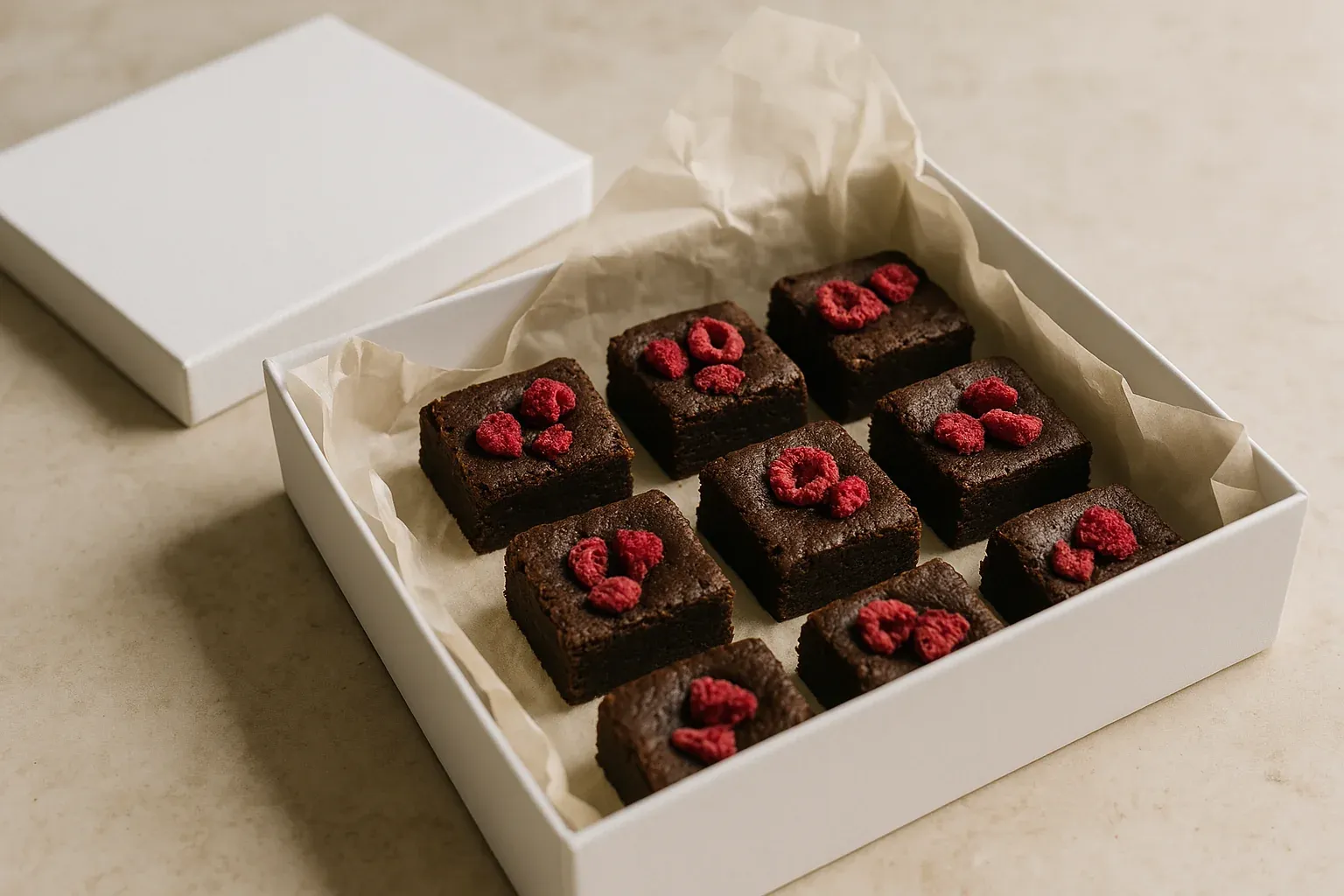 Box of chocolate brownies topped with raspberries, arranged neatly in parchment paper.