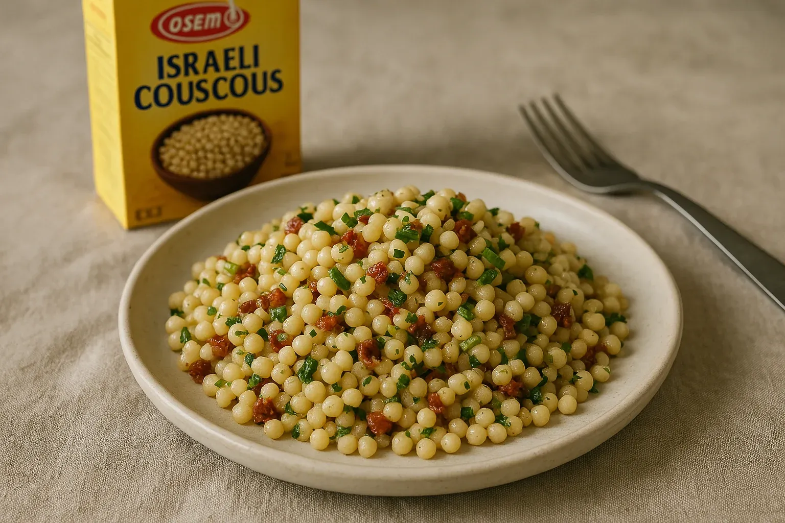 Plate of Israeli couscous mixed with chopped herbs and diced sun-dried tomatoes, with a fork and couscous package in the background.