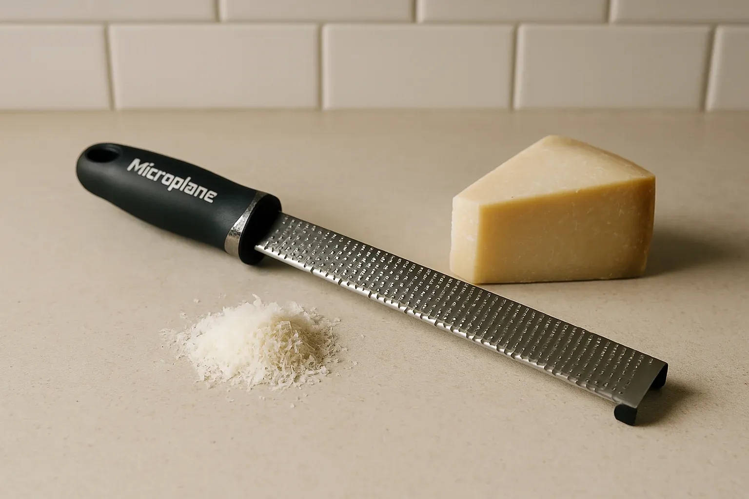 Microplane grater with freshly grated cheese and a wedge of hard cheese on a kitchen counter.