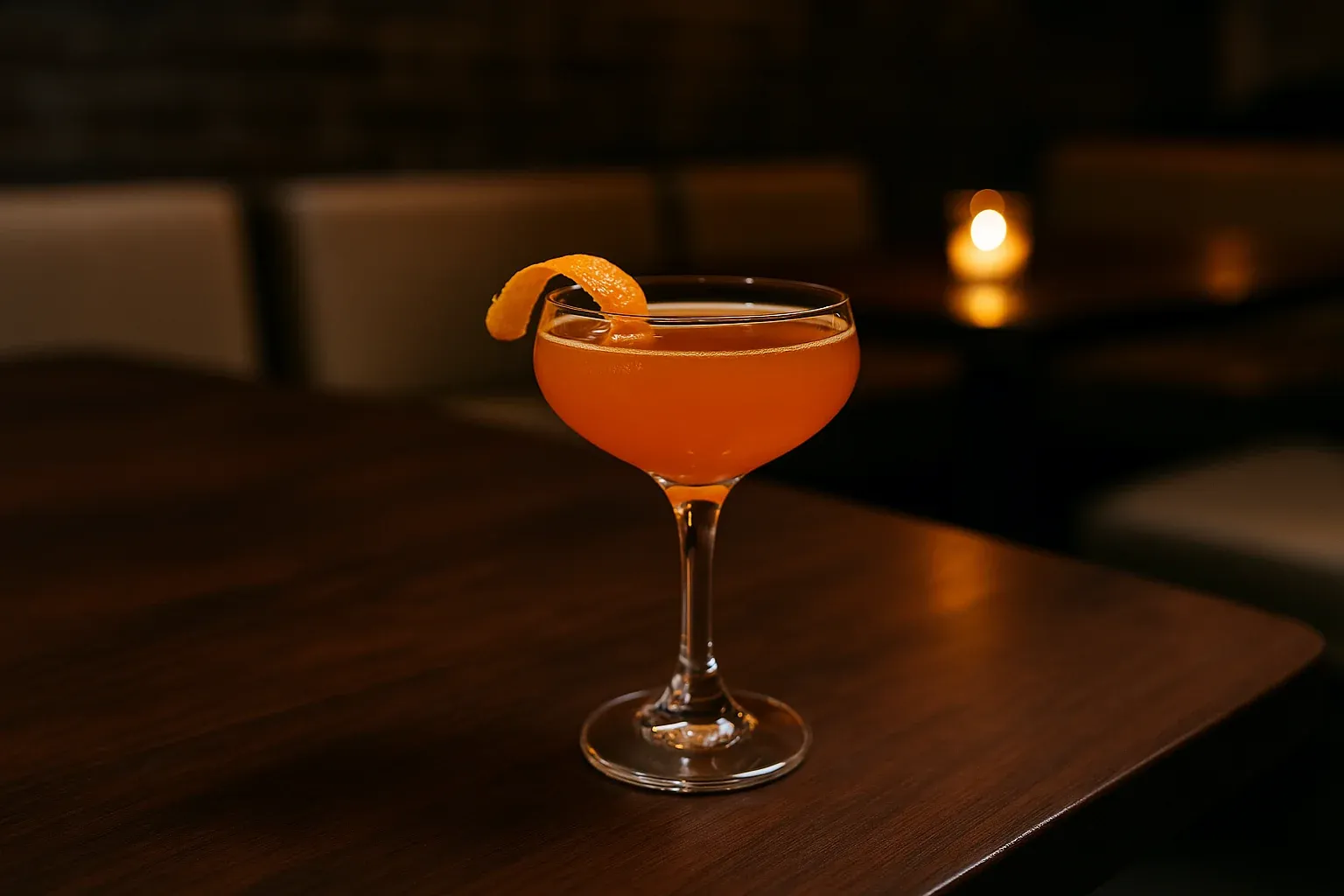 Elegant orange cocktail in a coupe glass with a twist of orange peel garnish, set on a wooden table in a dimly lit setting.
