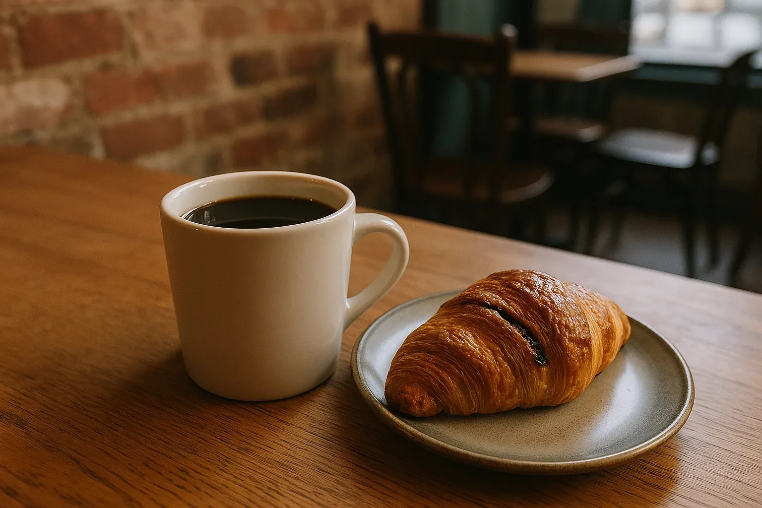 Coffee cup and chocolate-filled croissant on a wooden table in a cozy café setting.