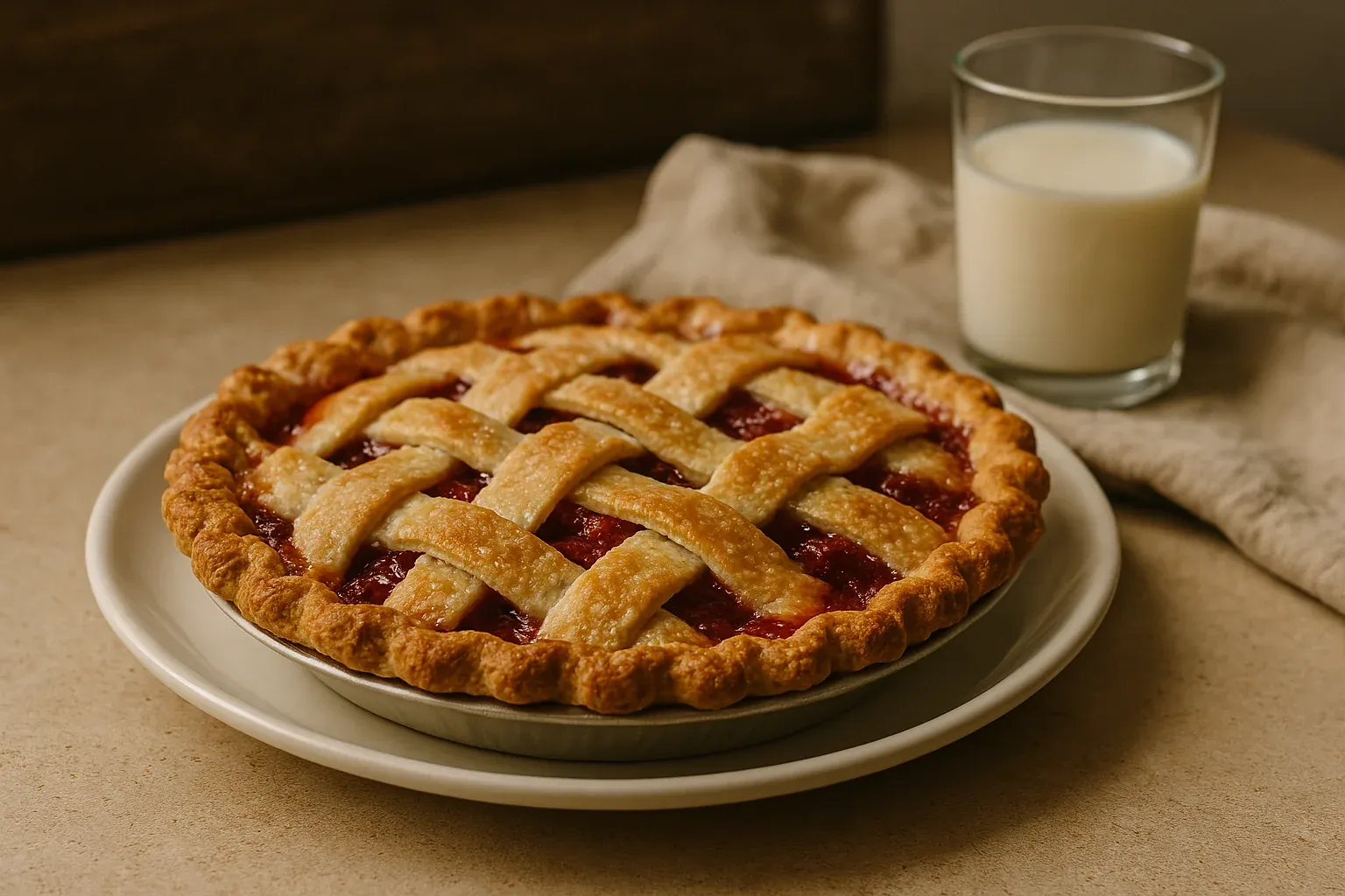 Lattice-topped cherry pie with a golden crust served on a plate, accompanied by a glass of milk.