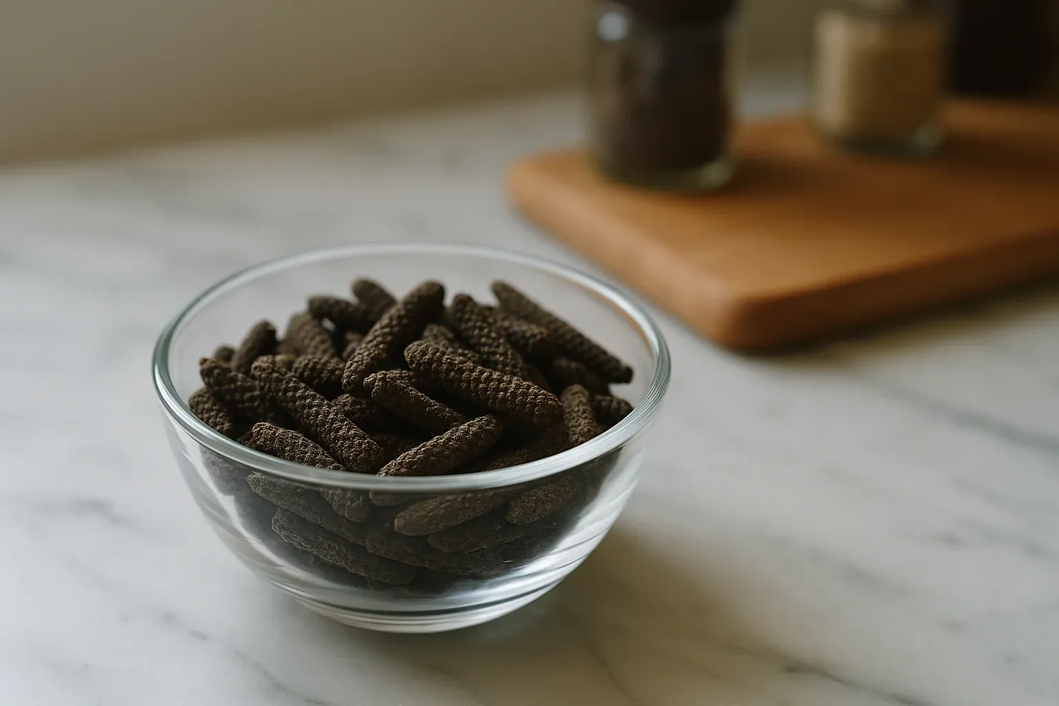 A glass bowl filled with long pepper (Piper longum) on a marble countertop, with spice jars on a wooden board in the background.