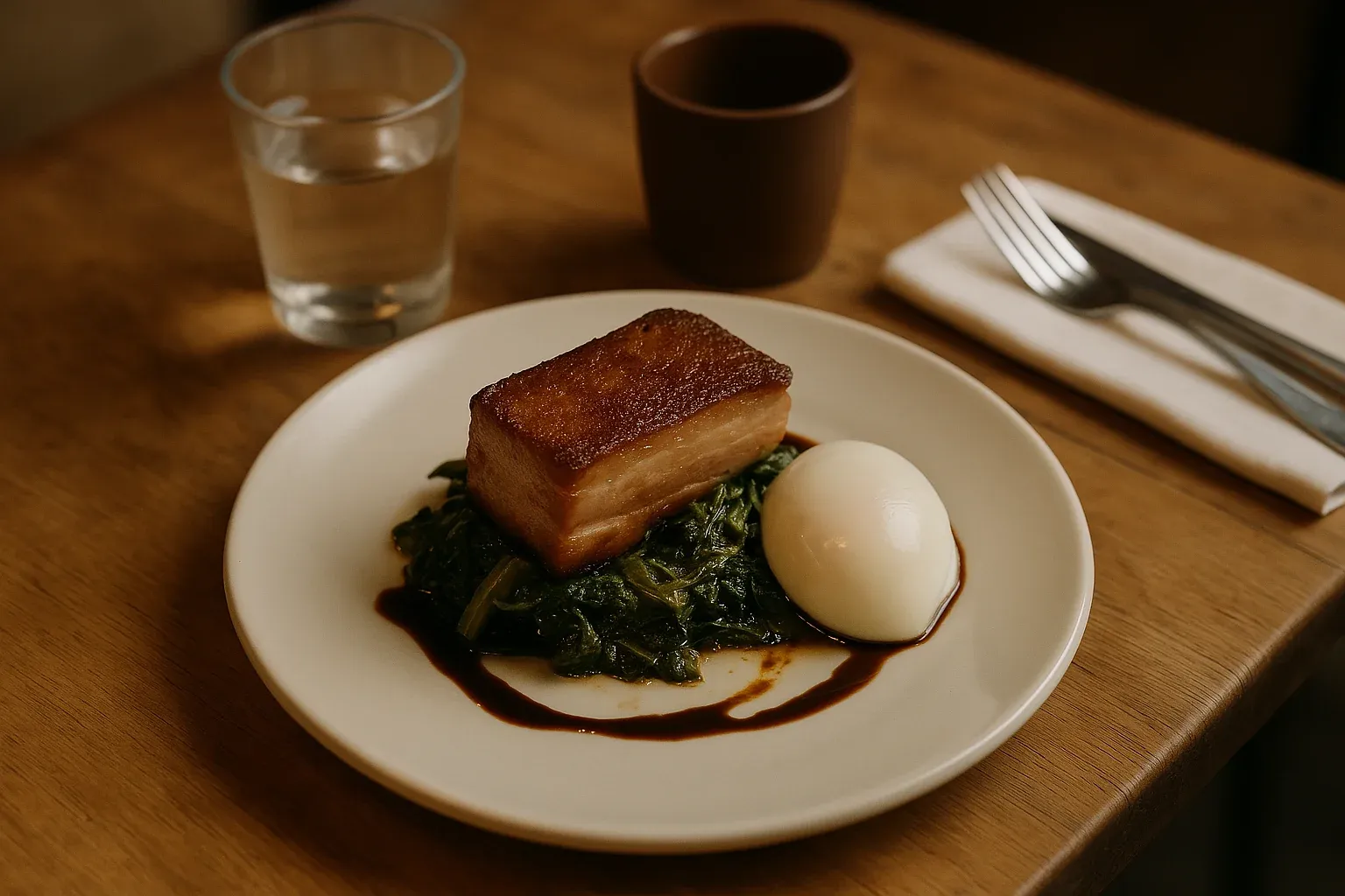 Braised pork belly with a soft-boiled egg on a bed of sautéed spinach, drizzled with sauce, served on a white plate with a glass of water and a cup.