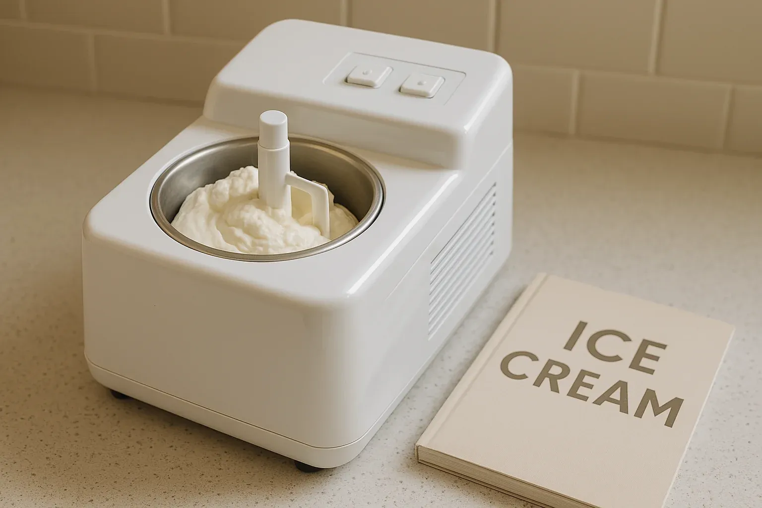 Modern white ice cream maker with freshly churned ice cream, next to a recipe book titled "ICE CREAM" on a kitchen countertop.
