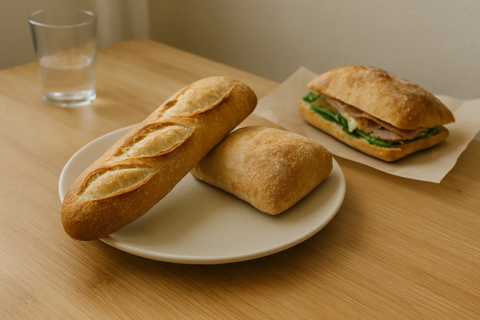 Two types of bread on a plate with a ham and lettuce sandwich on parchment paper in the background, next to a glass of water.