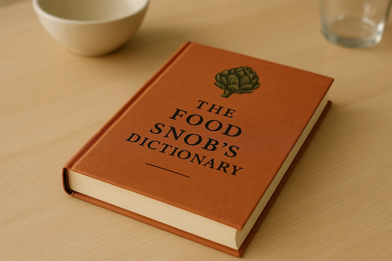 Hardcover book titled "The Food Snob's Dictionary" on a wooden table, ideal for food enthusiasts and culinary aficionados.