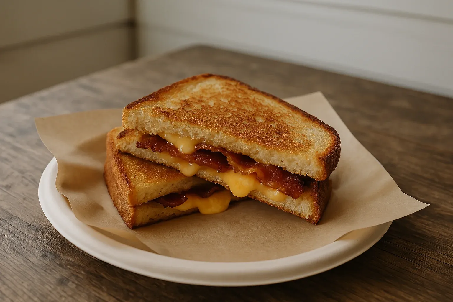 Grilled cheese sandwich with crispy bacon, served on a white plate with brown paper lining, placed on a wooden table.