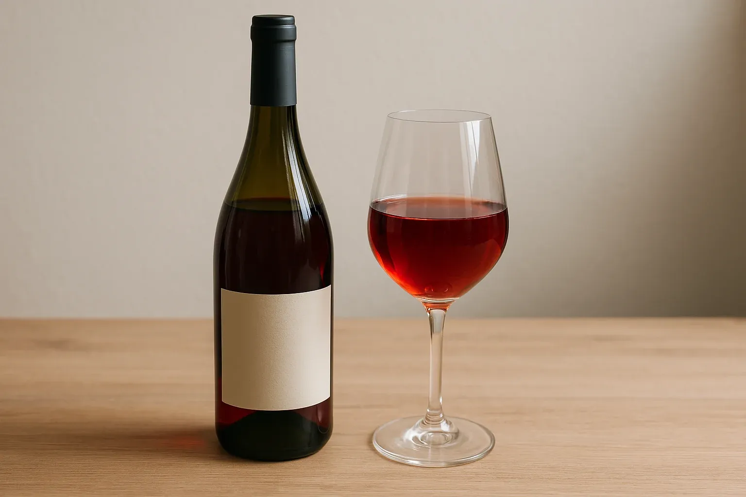 A bottle of red wine with a blank label next to a filled wine glass on a wooden table.