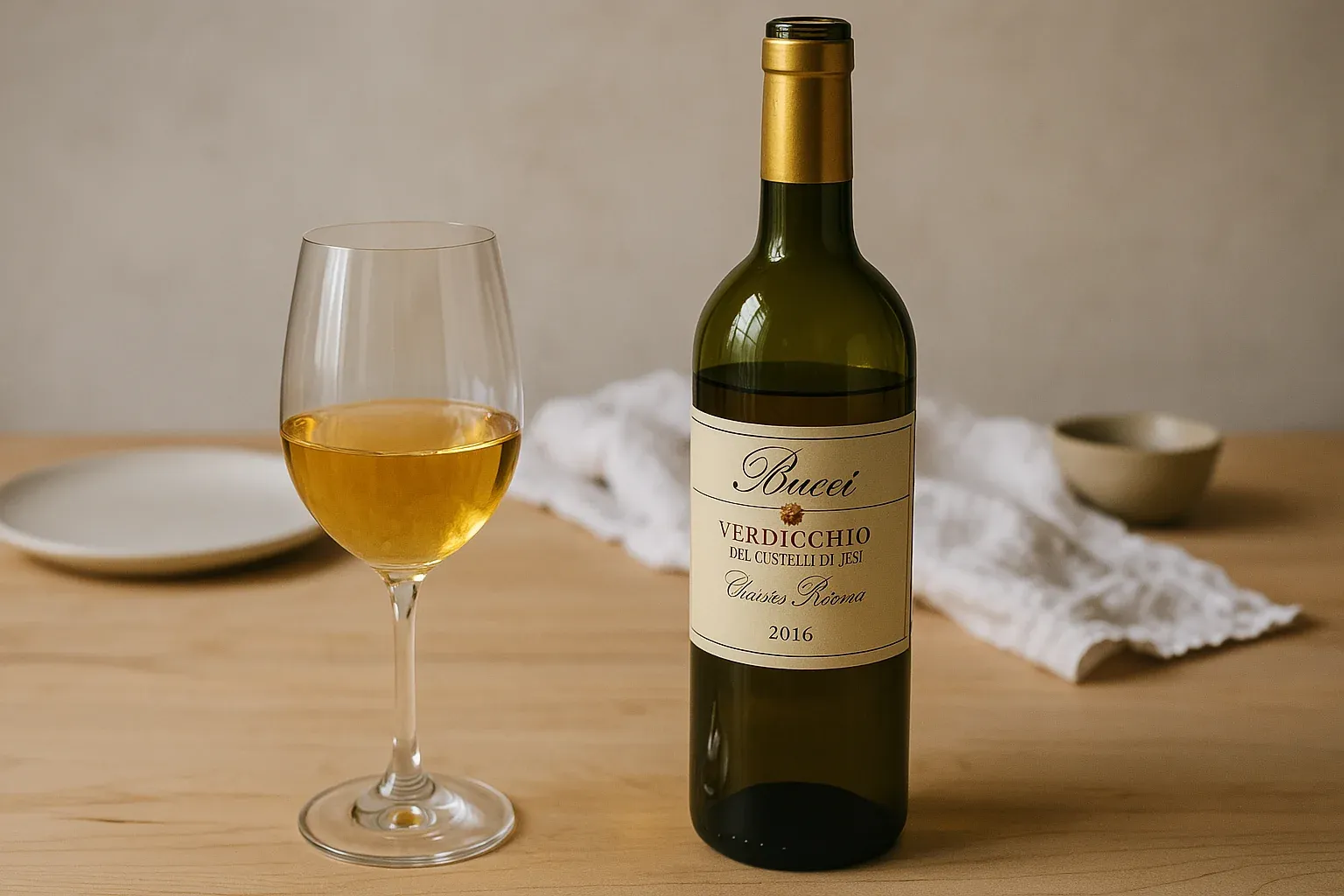 Bottle of Bucci Verdicchio wine next to a filled glass on a wooden table, with a white cloth and plate in the background.
