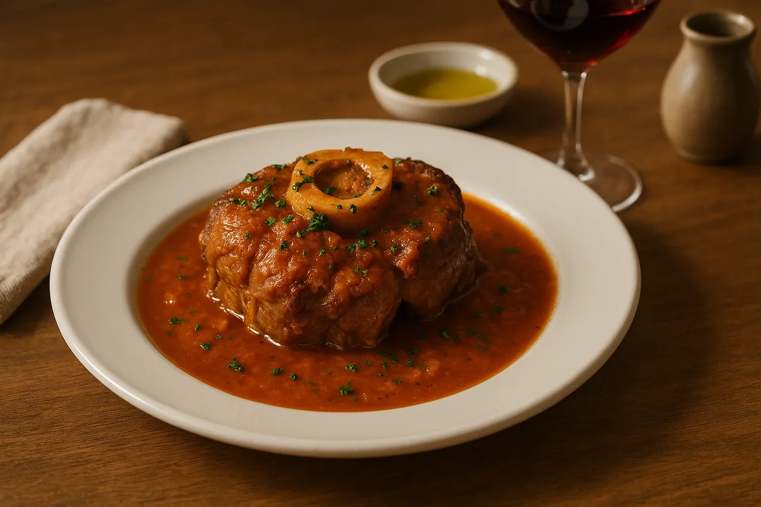 Braised osso buco in rich tomato sauce garnished with fresh herbs, served with a glass of red wine and olive oil on the side.