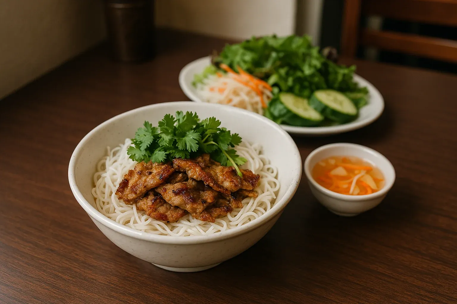Bowl of Vietnamese noodle salad with grilled meat, fresh herbs, and a side of dipping sauce.