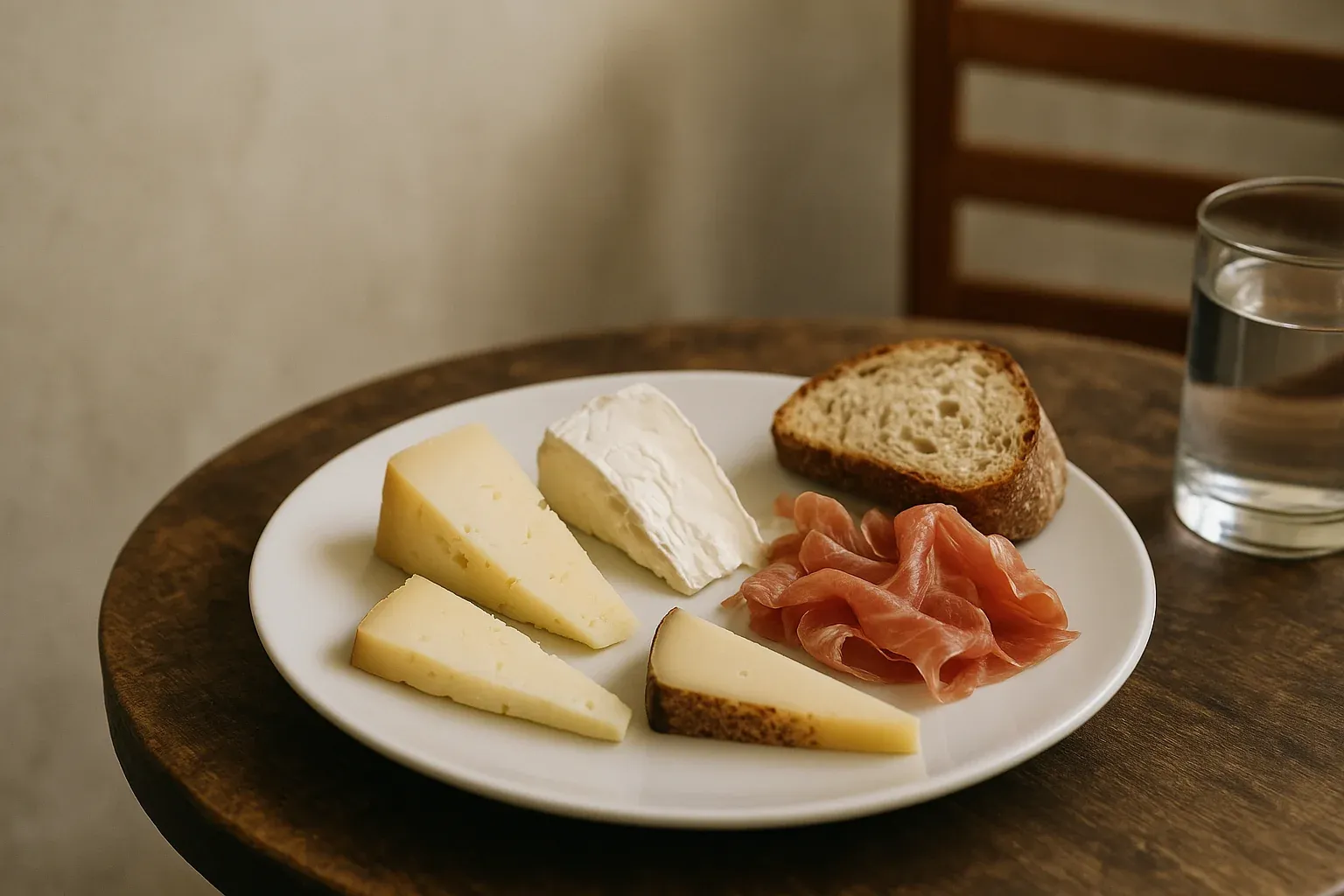 Plate of assorted cheeses, prosciutto, and bread on a wooden table with a glass of water.