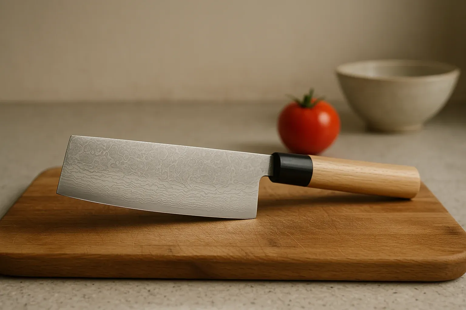 High-quality Japanese chef's knife with wooden handle on cutting board, tomato and bowl in background.