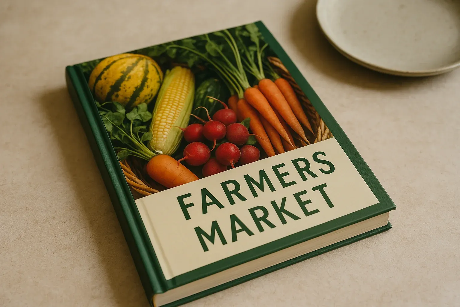 Cookbook titled "Farmers Market" featuring fresh vegetables on the cover, ideal for recipes using farm-fresh ingredients.