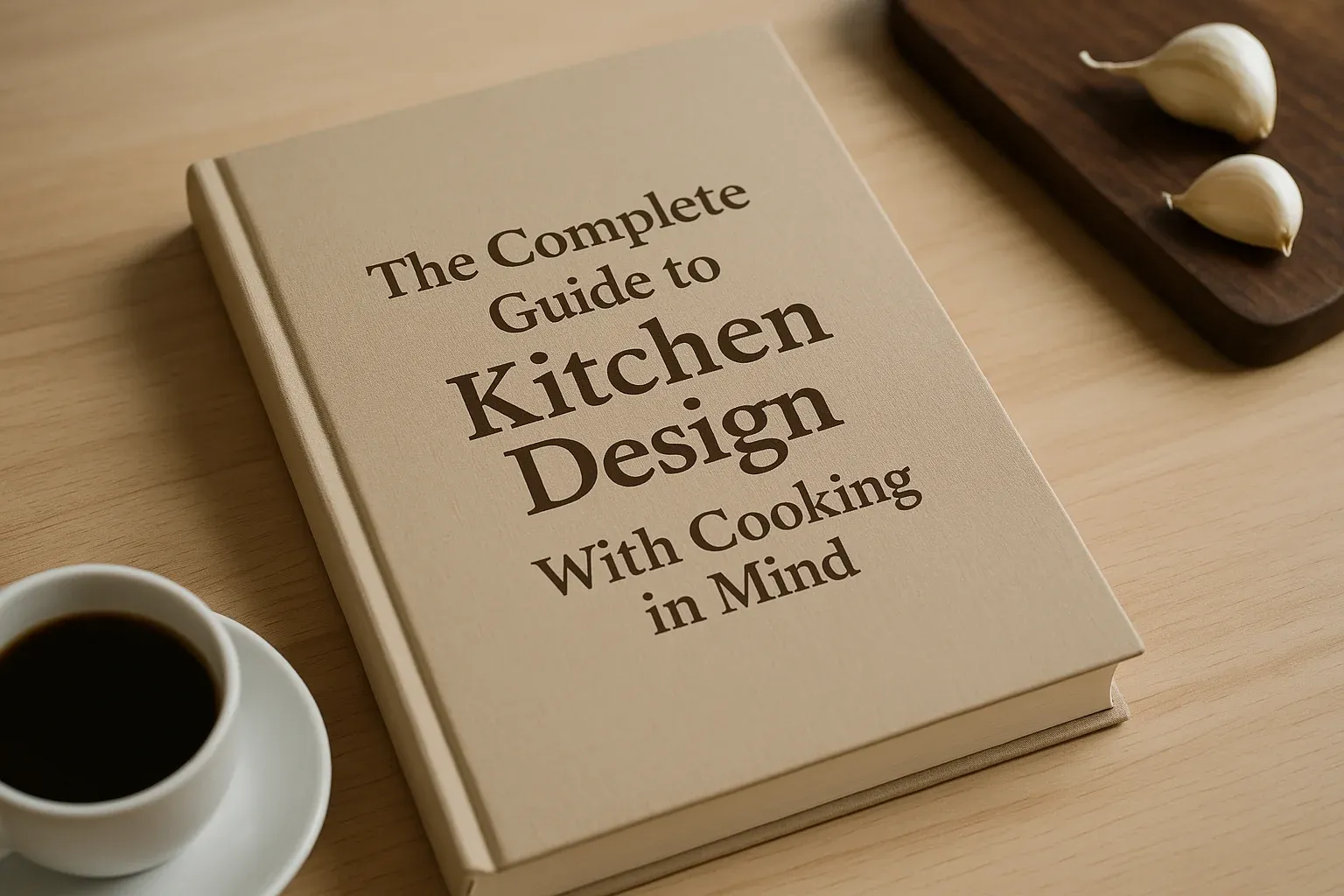 Hardcover book titled "The Complete Guide to Kitchen Design With Cooking in Mind" beside a cup of coffee and garlic cloves.