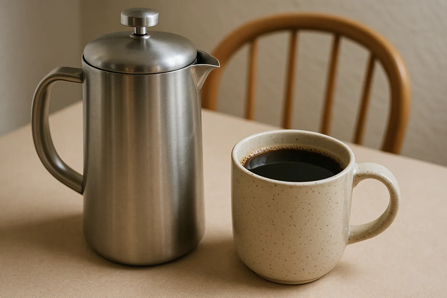 Stainless steel French press next to a speckled ceramic mug filled with black coffee on a beige table.