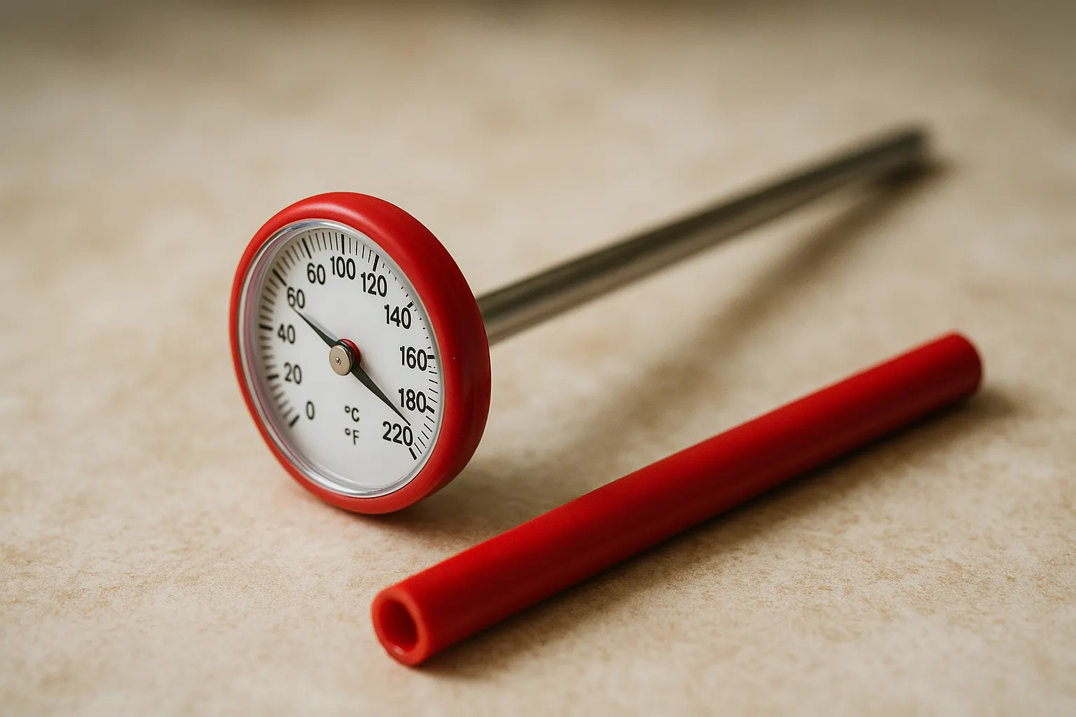 Cooking thermometer with red casing displaying temperature in Celsius and Fahrenheit, placed on a kitchen countertop.