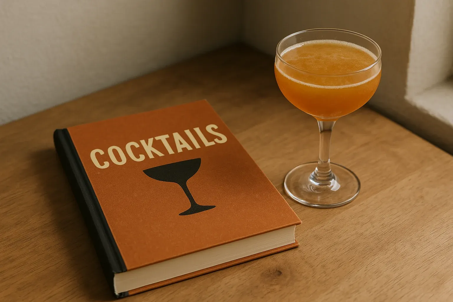 Orange cocktail book next to a filled coupe glass on a wooden table, suggesting a recipe for a mixed drink.