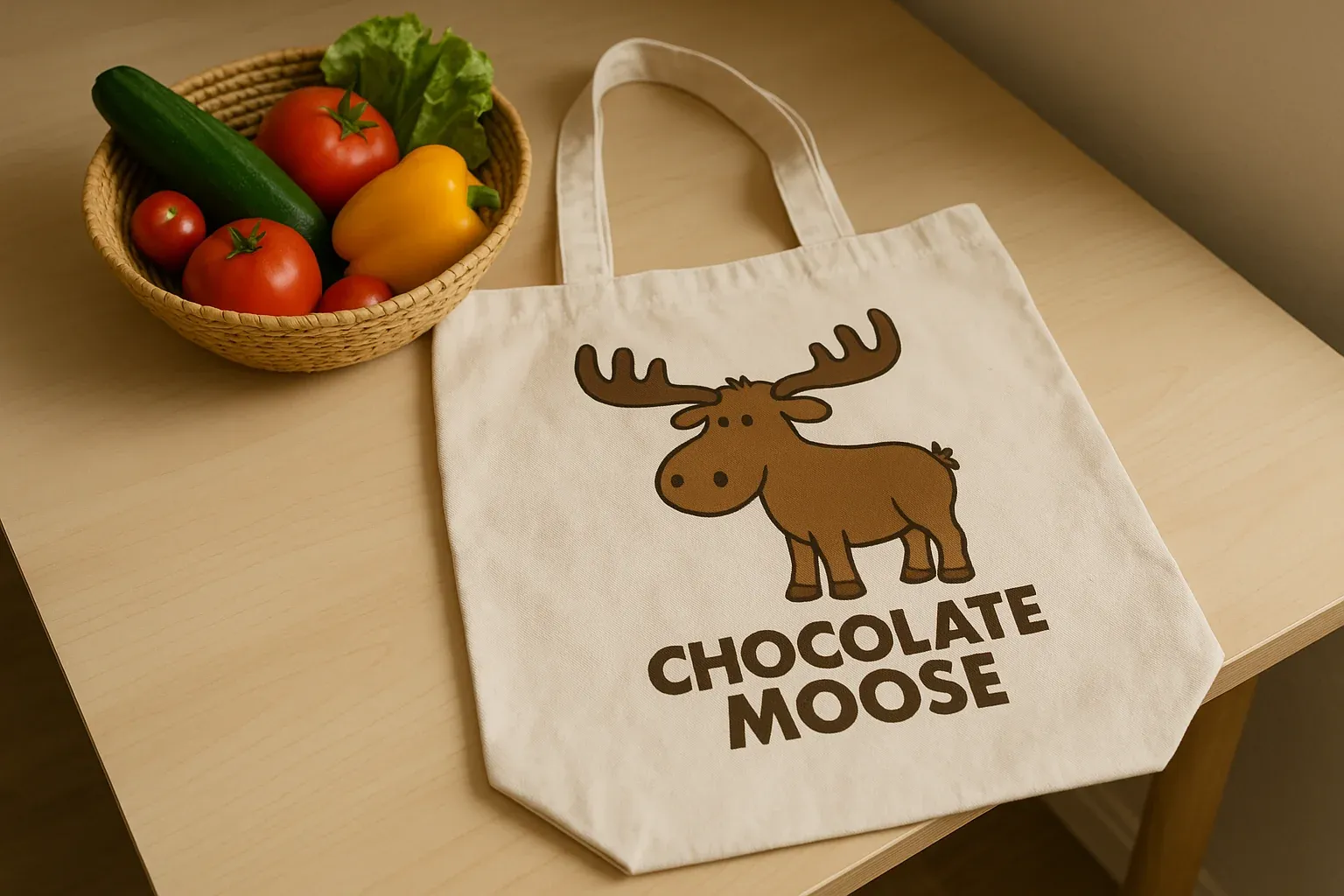 Canvas tote bag with a cartoon moose and "Chocolate Moose" text beside a basket of fresh vegetables on a wooden table.