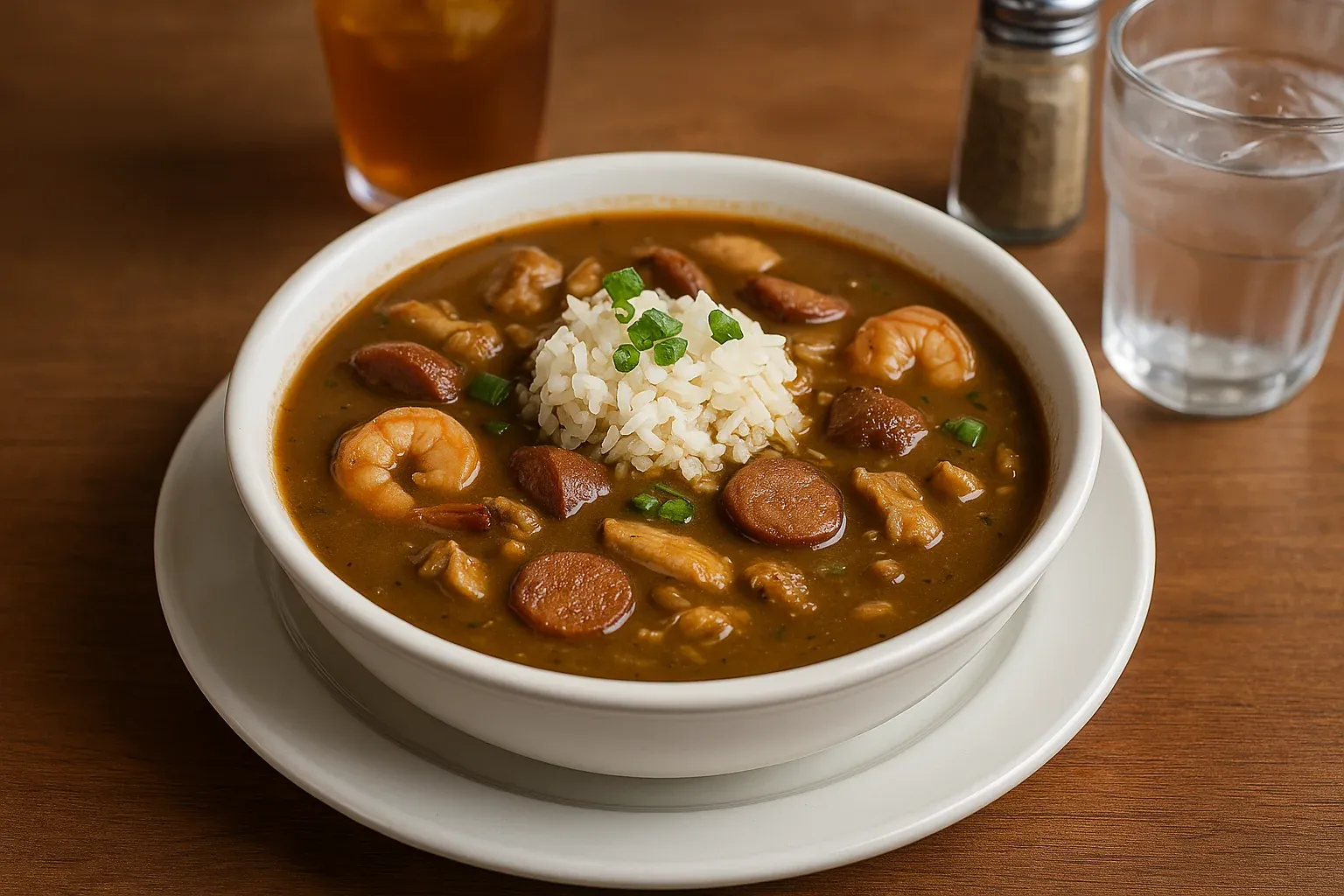 Bowl of hearty gumbo with shrimp, sausage, and chicken, topped with a scoop of rice and garnished with green onions, served with iced tea.