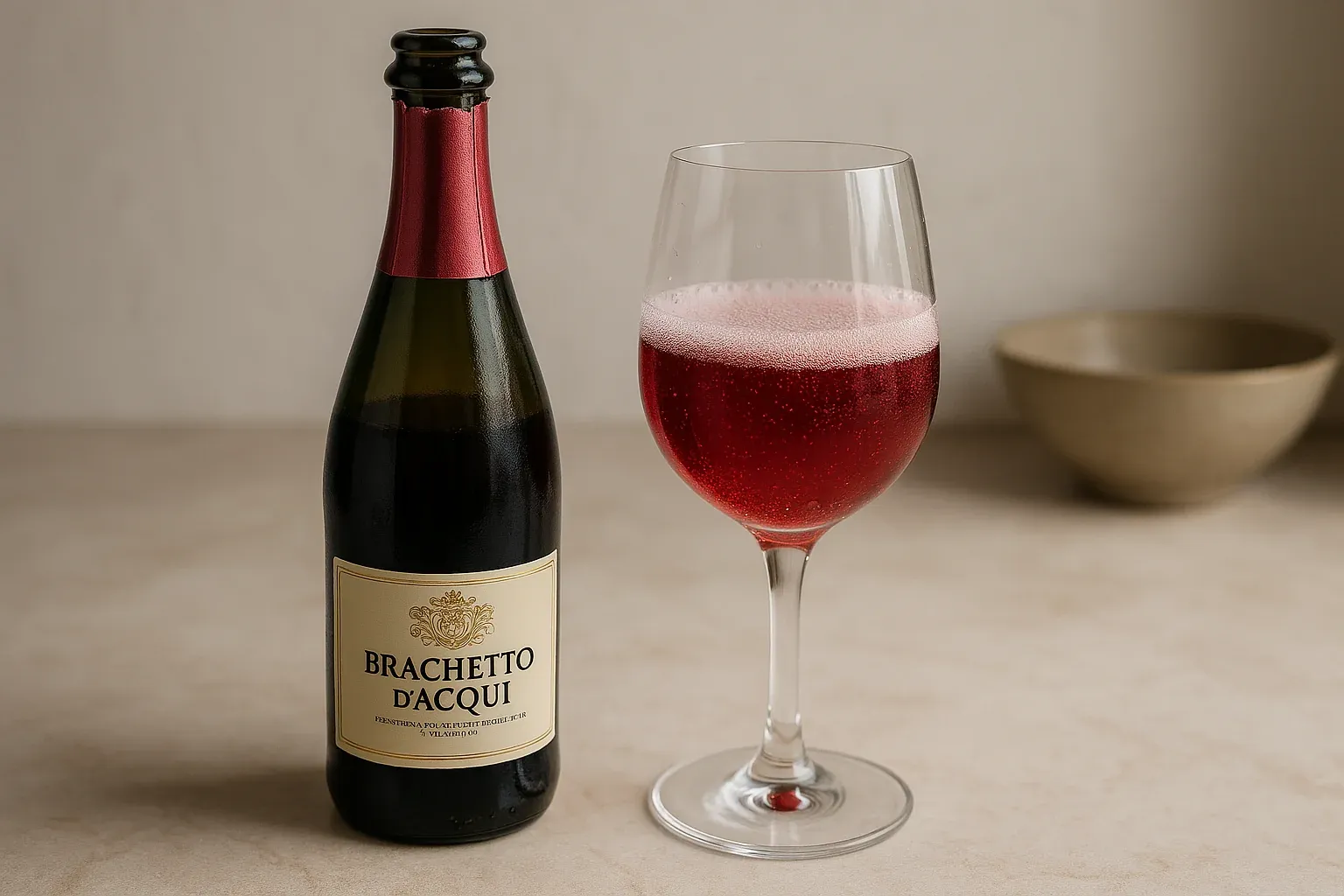 Brachetto d'Acqui bottle with a glass of sparkling red wine on a light countertop.