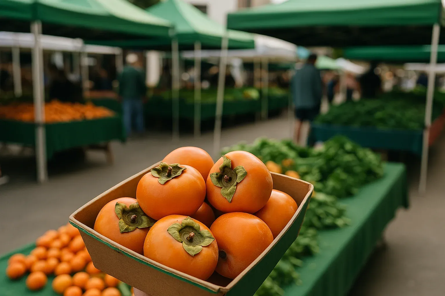 Fresh persimmons in a basket at a farmers market, ideal for seasonal recipes.