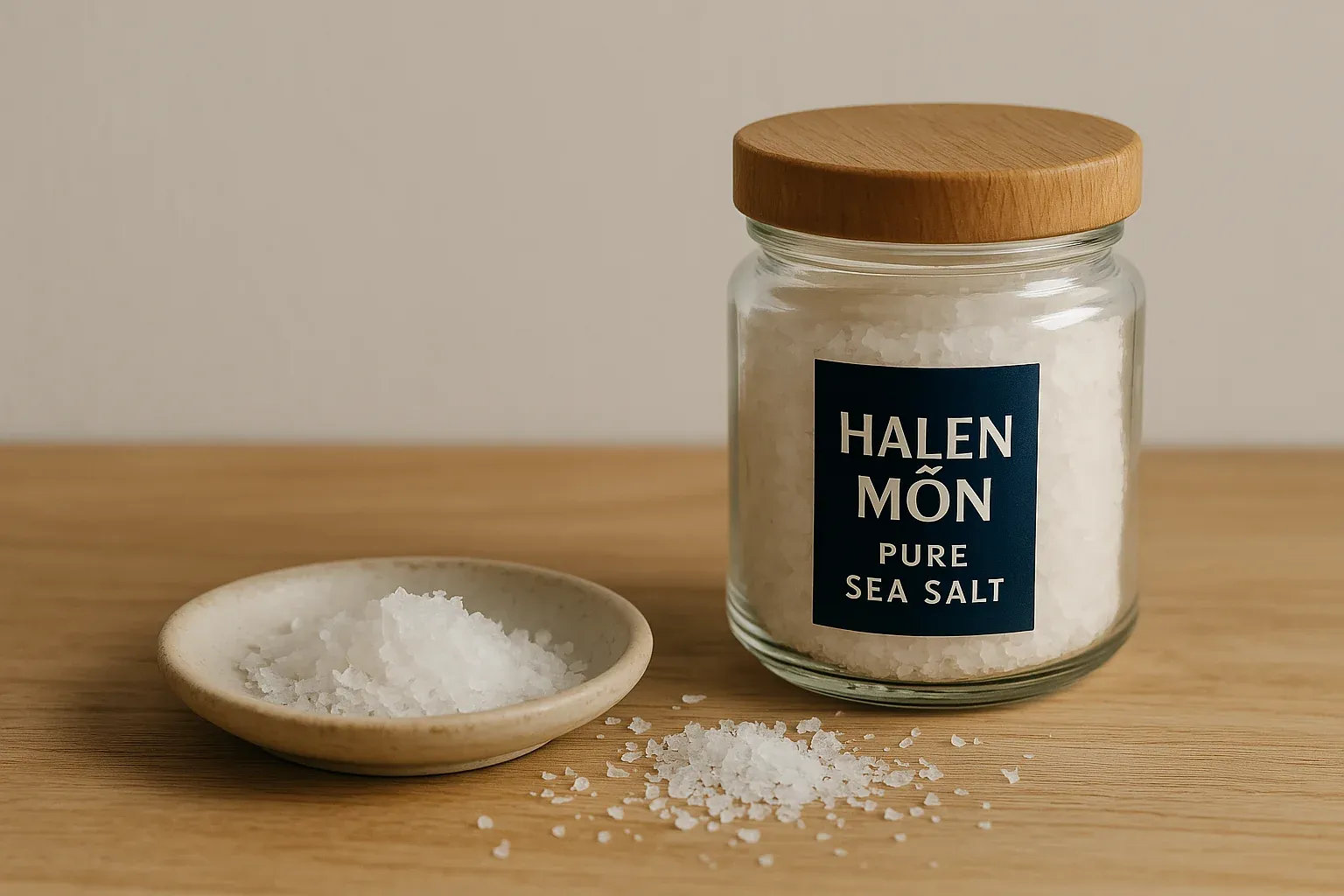 Halen Môn pure sea salt in a glass jar with wooden lid, placed next to a small dish of sea salt flakes on a wooden surface.