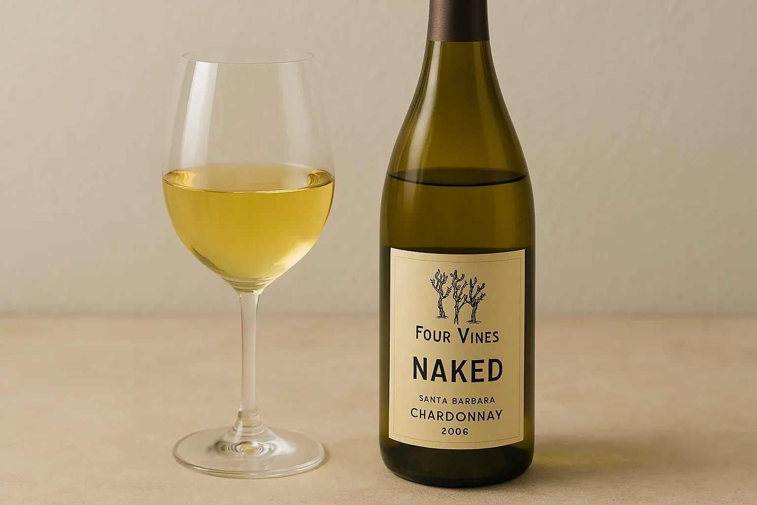 Four Vines Naked Chardonnay 2006 bottle and filled wine glass on a neutral background.
