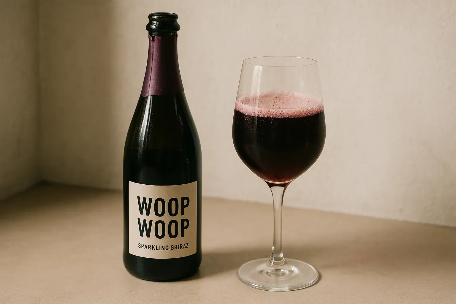 Bottle of Woop Woop Sparkling Shiraz next to a filled wine glass with a light foam head.