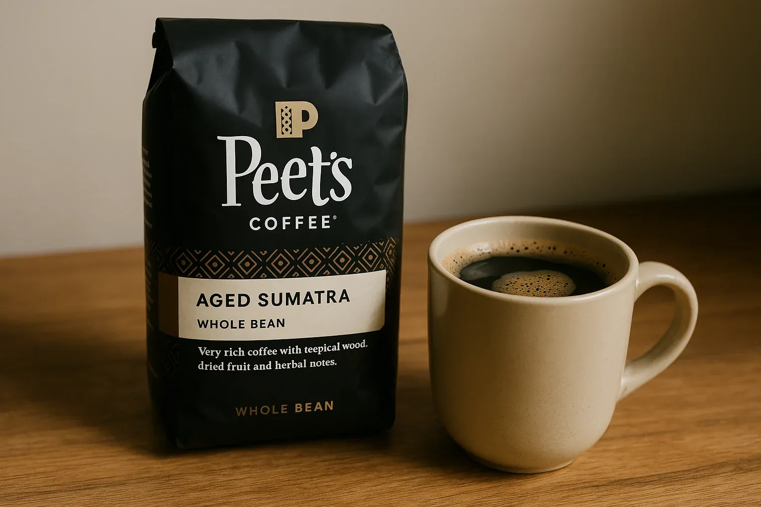 Peet's Coffee Aged Sumatra whole beans beside a cup of freshly brewed black coffee on a wooden table.