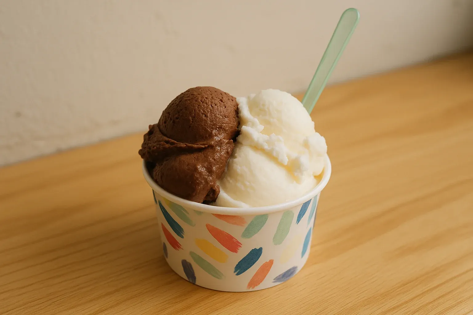 Chocolate and vanilla ice cream scoops in a colorful paper cup with a green plastic spoon on a wooden table.