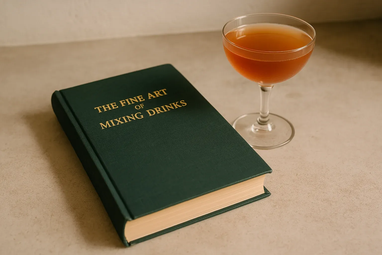 Green hardcover book titled "The Fine Art of Mixing Drinks" beside a cocktail glass filled with a brown drink on a beige surface.